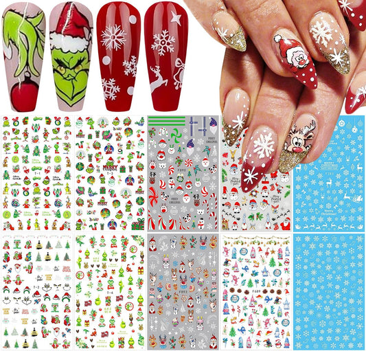 10 Sheets Christmas Nail Stickers 3D Xmas Decals Winter White Snowflake Santa Claus Snowman Bell