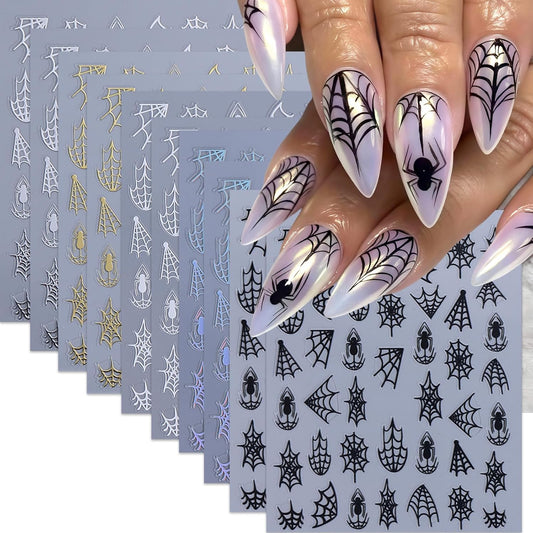 10 Sheets Halloween Nail Stickers for Nail Art 3D Self-Adhesive Spider Nail Decals Spider Web Nail