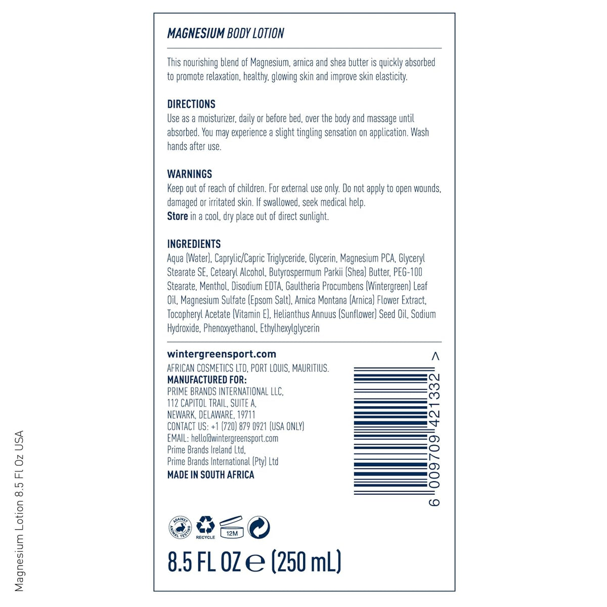 Wintergreen Magnesium Body Lotion, 8.5oz – Arnica, Menthol for Muscle Recovery, Soothing and