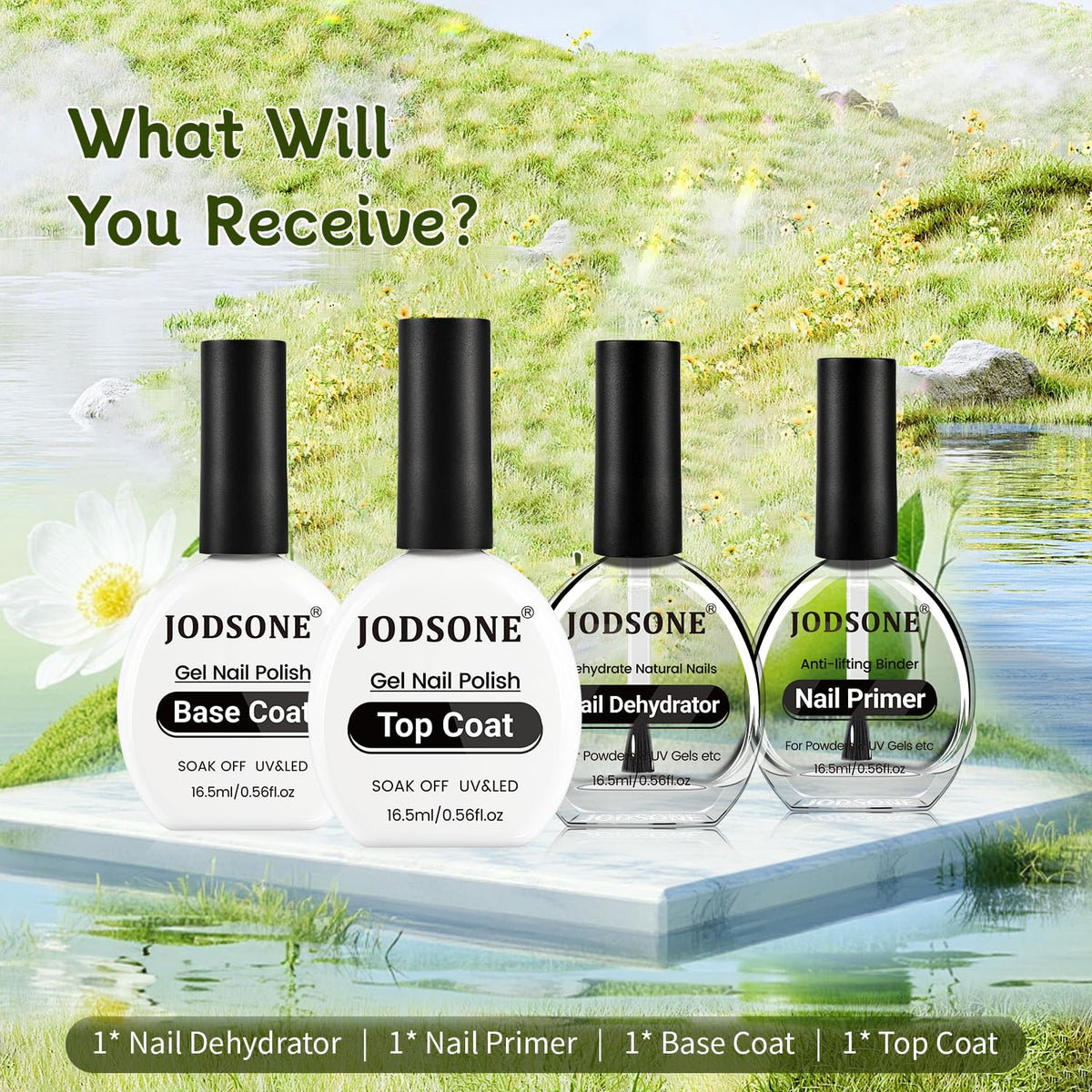 JODSONE 4Pcs Base Coat Top Coat Nail Primer Nail Dehydrator for Long Lasting Manicures Prep Protect