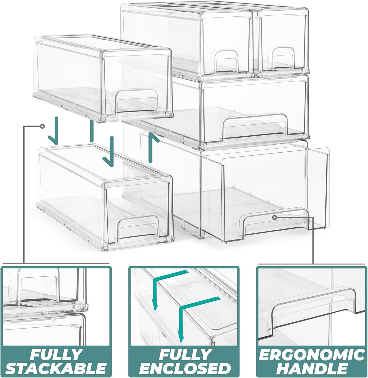 Sorbus 1 Medium & 2 Small Clear Stackable Storage Drawers – Plastic Organizer Bins with Handles
