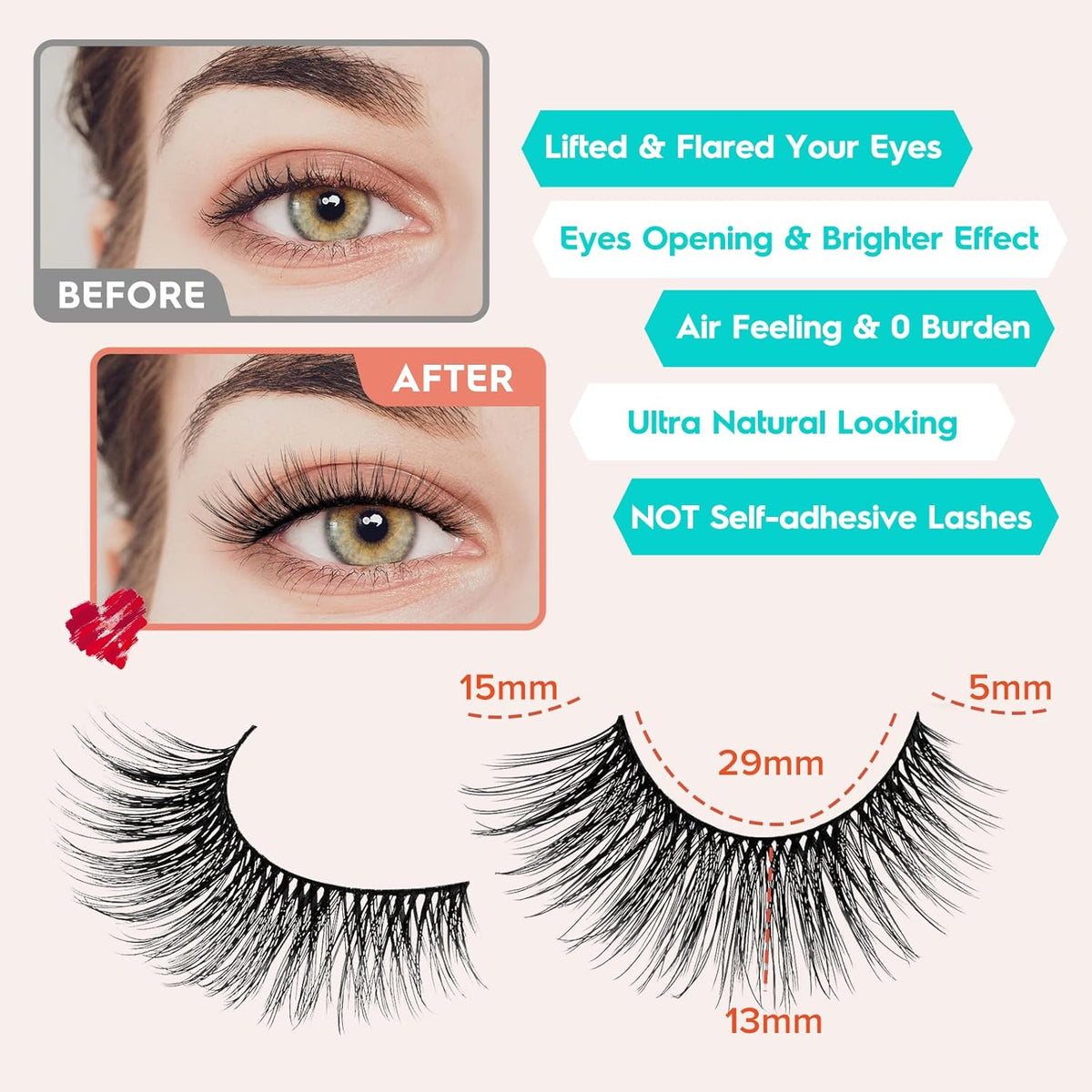 False Eyelashes Cat Eye Lashes Wispy 15mm Strip Eyelashes Thin Band Natural Lashes Fluffy Eyelashes