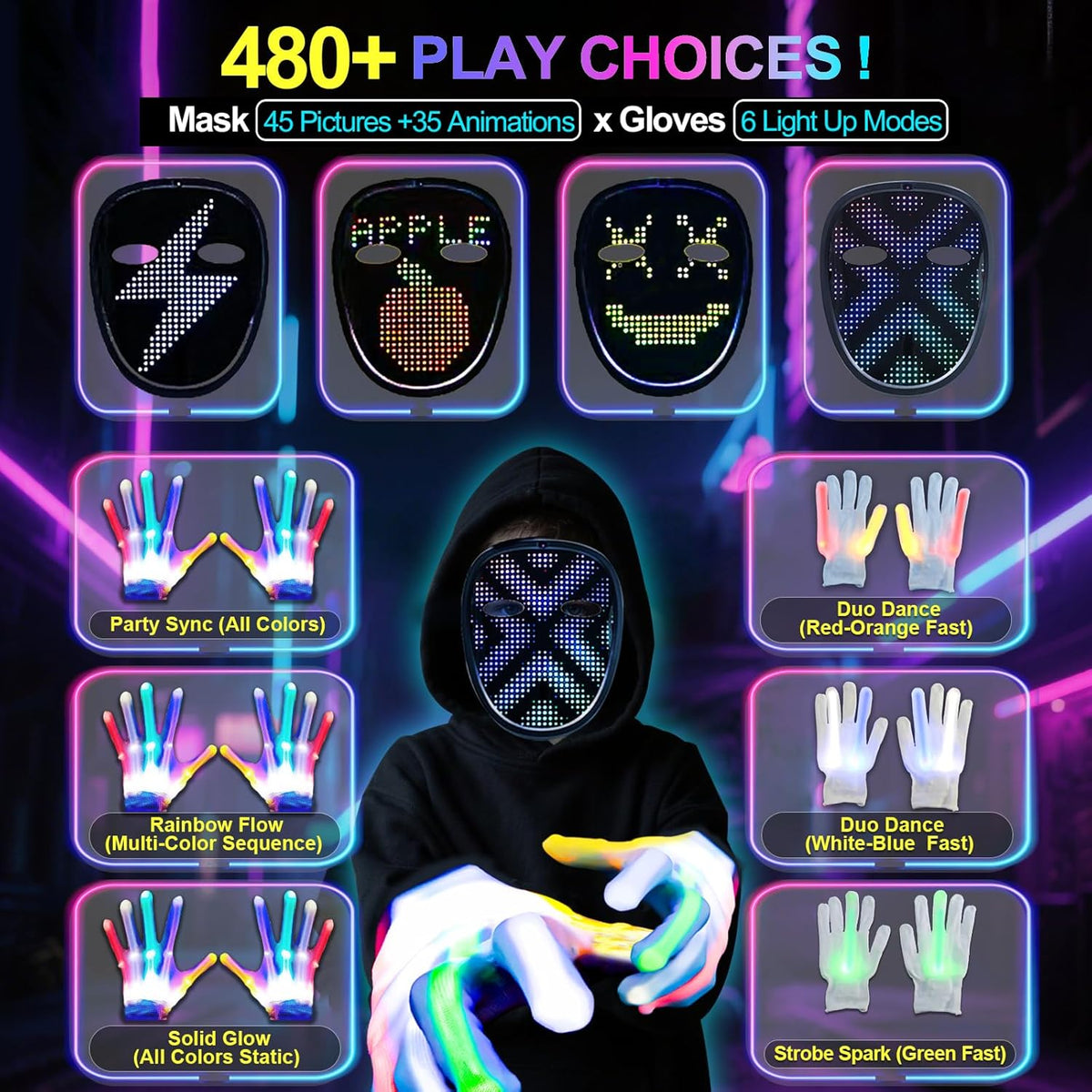 Led-Mask Gloves Halloween-Costumes For Kids Men Adult 2025, Light Up Gesture Cosplay Birthday Gifts