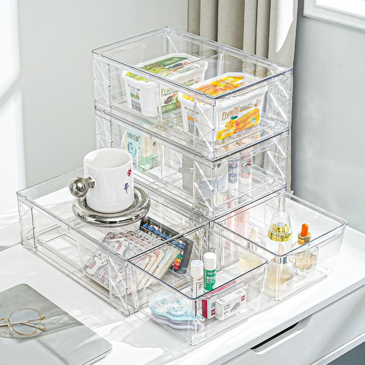 Plastic Drawers Storage, 6Pack Clear Stackable Storage Drawers, Acrylic Storage Bins with Drawers