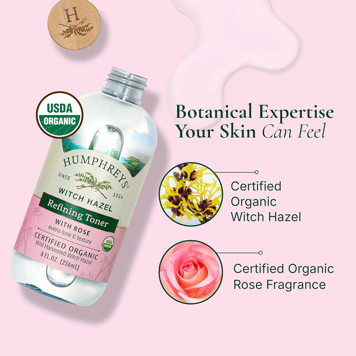 Humphreys Witch Hazel Refining Toner | Wild Harvested Witch Hazel & Rose | USDA Organic | Natural |