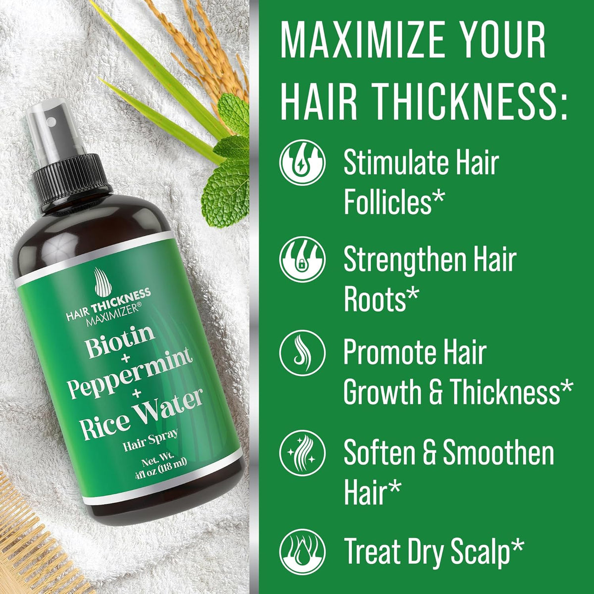 Biotin + Peppermint + Rice Water Spray For Hair Growth. Vegan Leave In Conditioner For Women, Men.