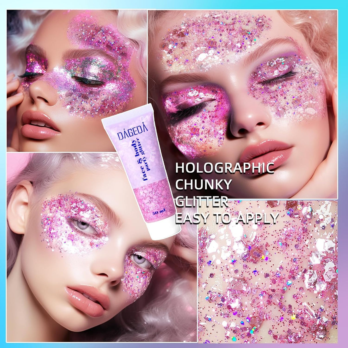 DAGEDA Body Glitter Gel, Face Glitters Body Gel Sequins Shimmer Liquid Eyeshadow, Chunky Glitter