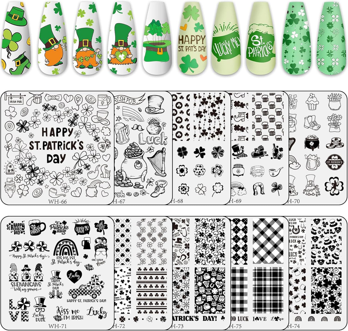 Whaline 10Pcs St. Patrick's Day Nail Art Stamping Plates Kit Shamrock Gnome Image Stamp Templates