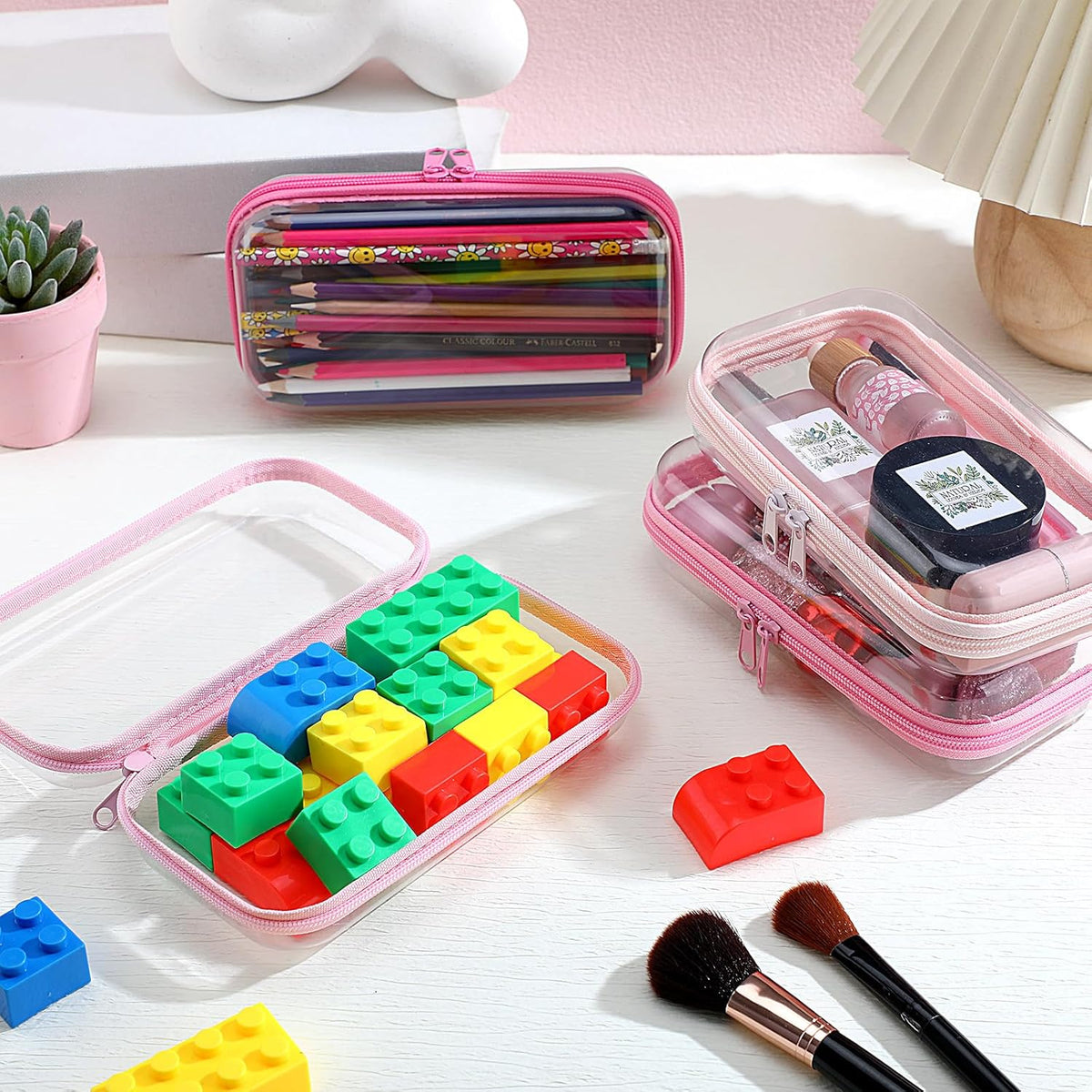 Hoolerry 4 Pcs Hard Clear Zipper Case Makeup Bags Plastic Pencil Pouch Transparent Storage Box