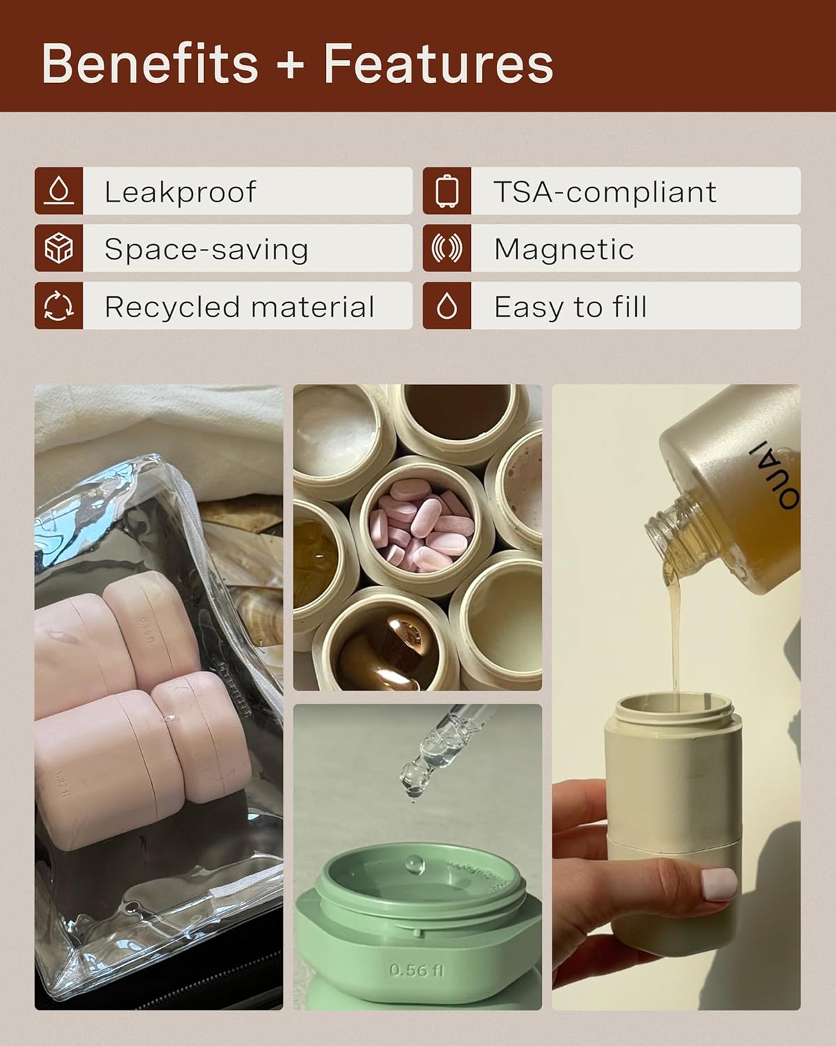 Cadence Travel Containers - Full Skincare Set - Magnetic Containers with Lids,Carry On Travel
