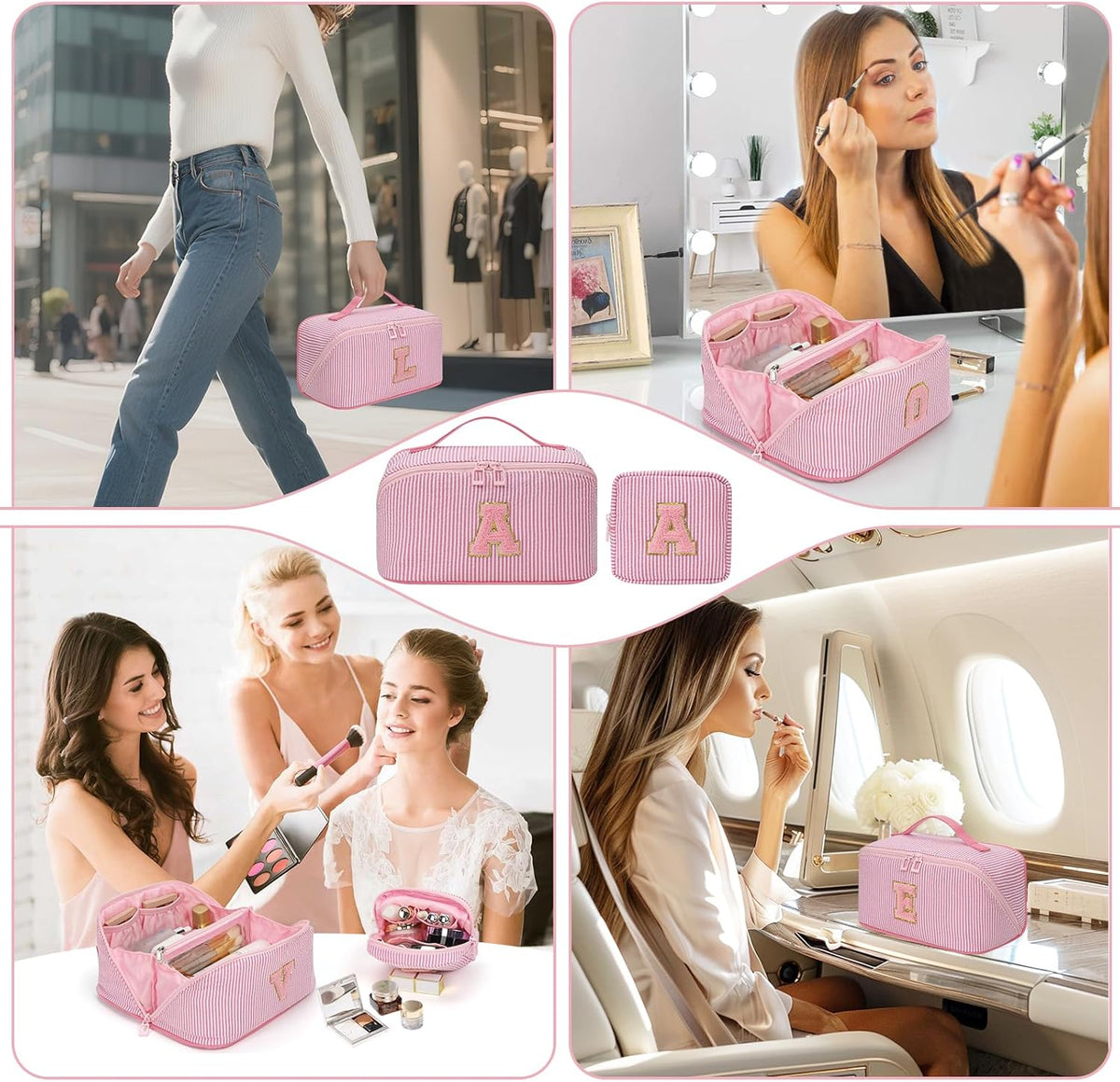 Travel Makeup Bag for Women, 2Pcs Portable Personalized Initial Makeup Organizer Bag, Open Flat