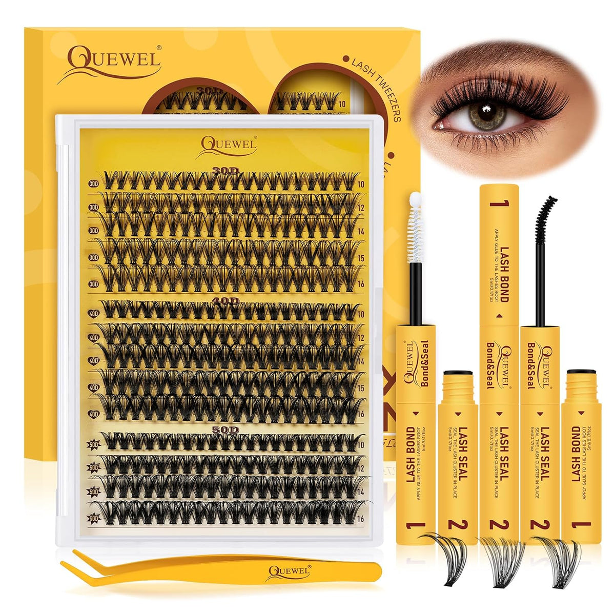 QUEWEL Lash-Clusters-Kit, 30+40+50D-Lash-Clusters Mixed 10-16mm Soft DIY-Lash-Extension-Kit with