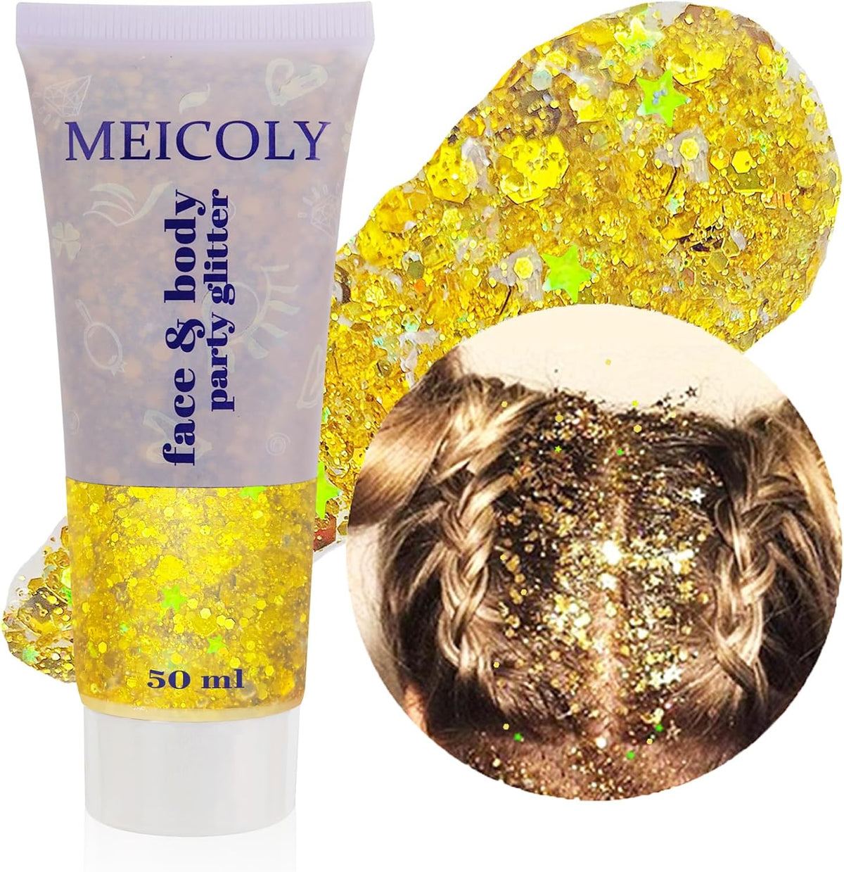 MEICOLY Gold Body Glitter,Yellow Face Glitter,Music Festival Outfits for Women,Hair Glitter Kids