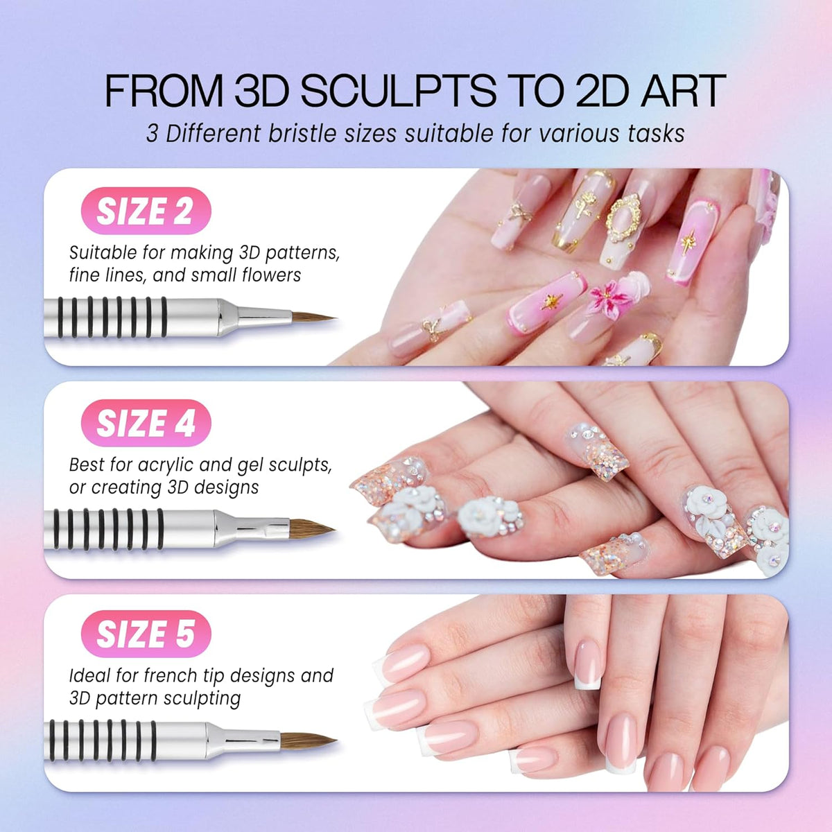 PANA 3D Kolinsky Acrylic Nail Art Sculpture Brush with Silver Metal Non-Slip Grip Handle for