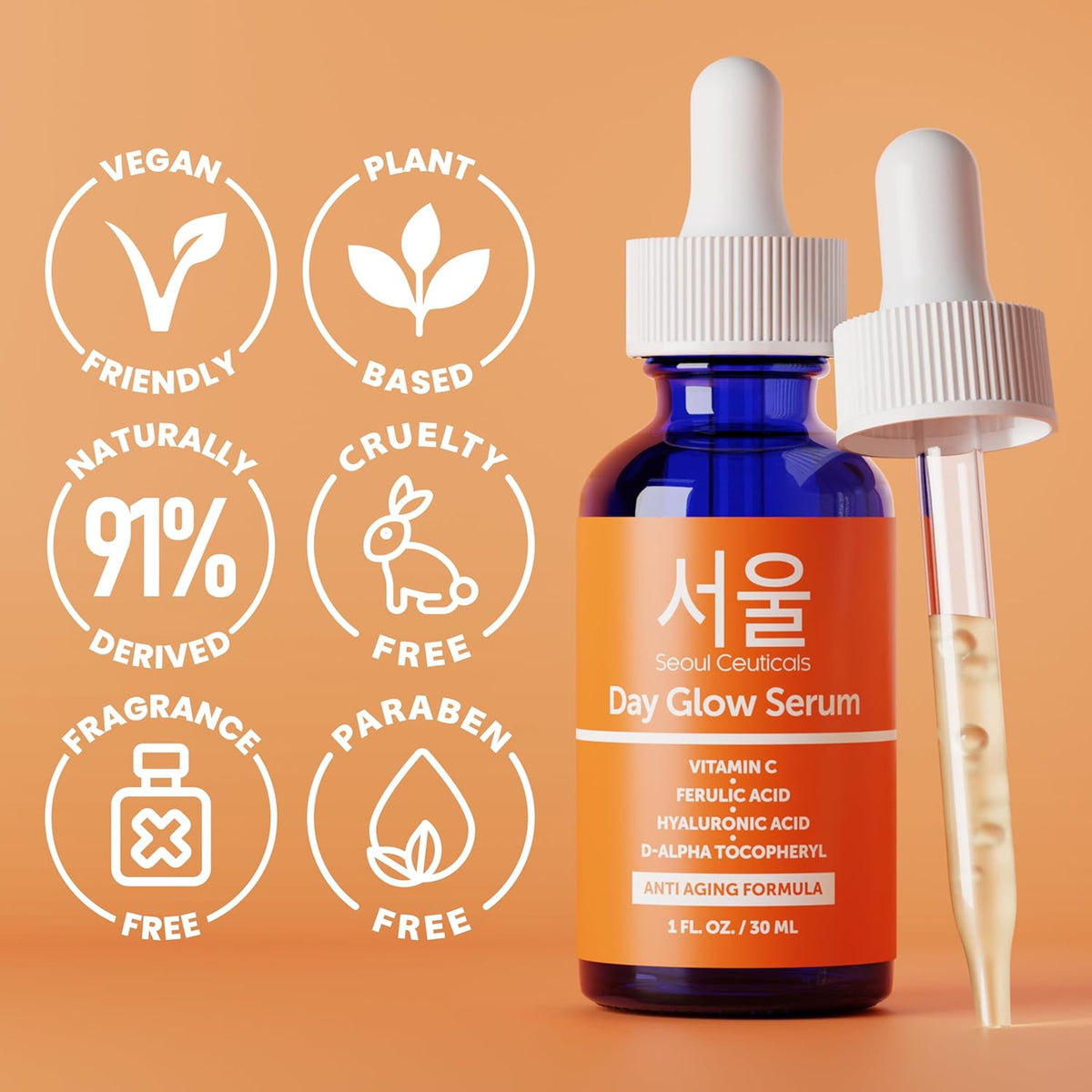 SeoulCeuticals Korean Skin Care 20% Vitamin C Hyaluronic Acid Serum + CE Ferulic Acid - Potent Anti