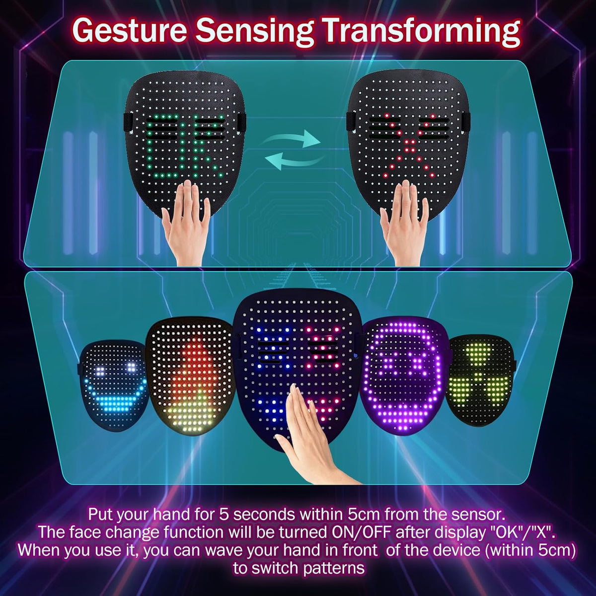 LED Mask with Gesture Sensing Transforming for Christmas/Birthday Present, Boys Light Up Masks for