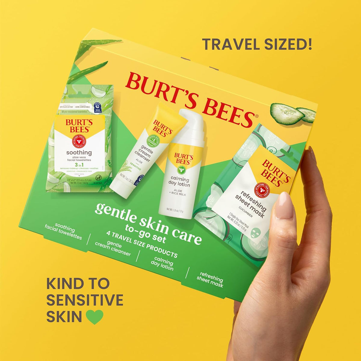 Burt's Bees Gentle Skin Care To-Go Set, Includes Cleanser, Towelettes, Lotion and Sheet Mask