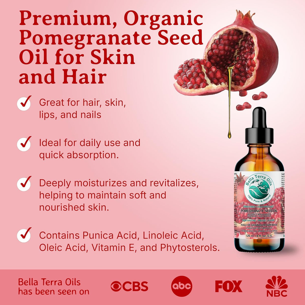 Bella Terra Oils - Organic Pomegranate Seed Oil 8 oz - Rich in Nutrients for Skin Hydration