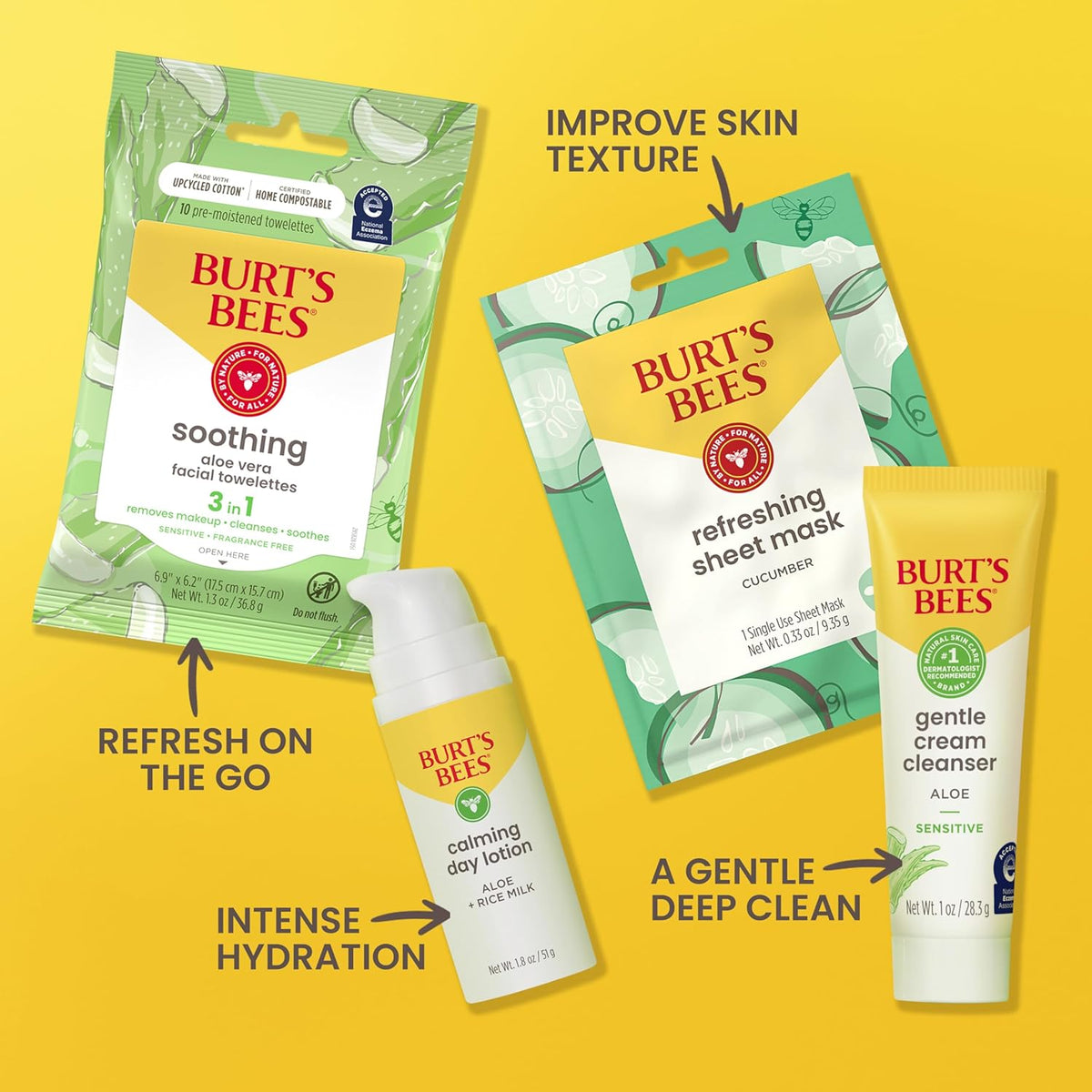 Burt's Bees Gentle Skin Care To-Go Set, Includes Cleanser, Towelettes, Lotion and Sheet Mask
