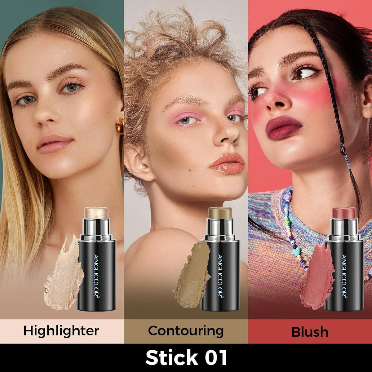 3PC Anglicolor Highlighter Long Lasting,Contour Stick Makeup Naturally,Blush Makeup Smoothing,High