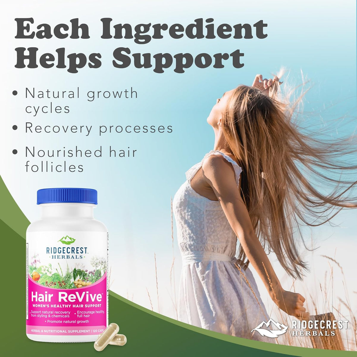 RidgeCrest Herbals Hair ReVive, Nutritional Hair Supplement with Vitamin C, Biotin (6000mcg), Zinc