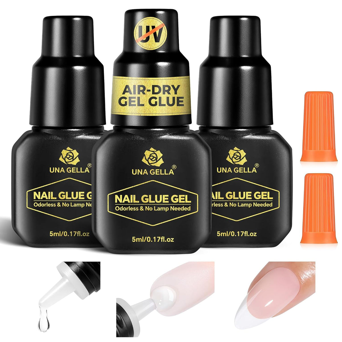 UNA GELLA Gel Nail Glue for Press Ons: 10s Fast Dry No U V Lamp Needed Glue Gel, 3pcs*5ml Upgrade