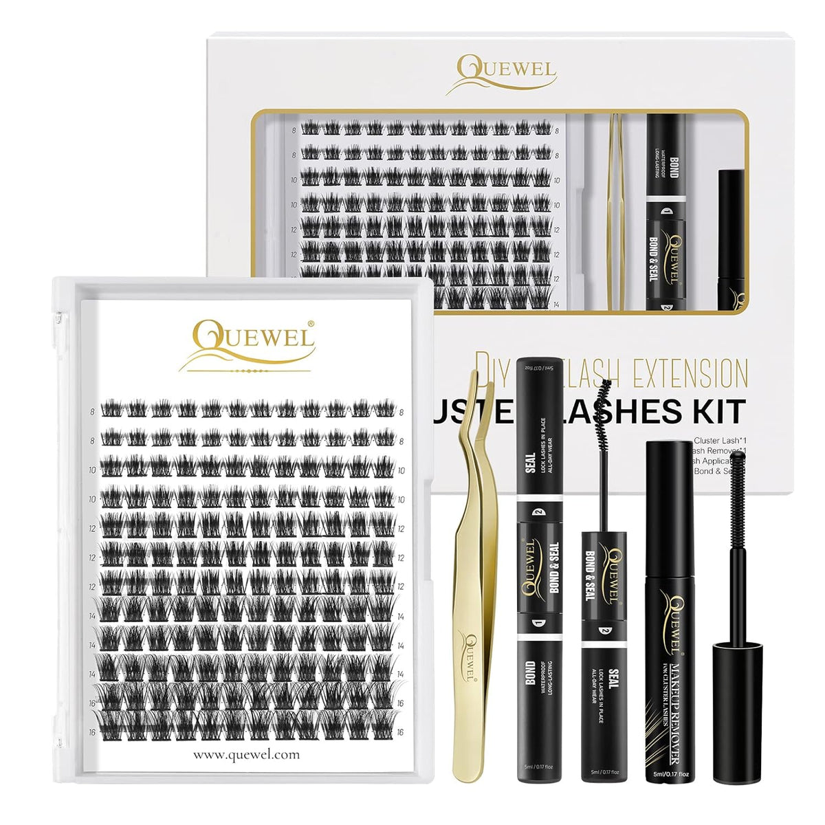 QUEWEL Lash-Clusters-Kit 144 Pcs DIY Lash Extension Kit, Eyelash Clusters Applicator Tool, Super