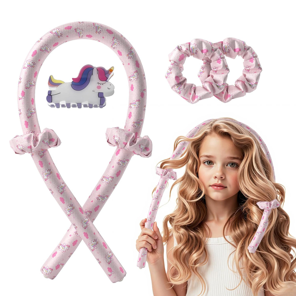 Girls Heatless Curls Overnight, Kids Unicorn Hair Rollers with Hair Clips, Hair Accessories for