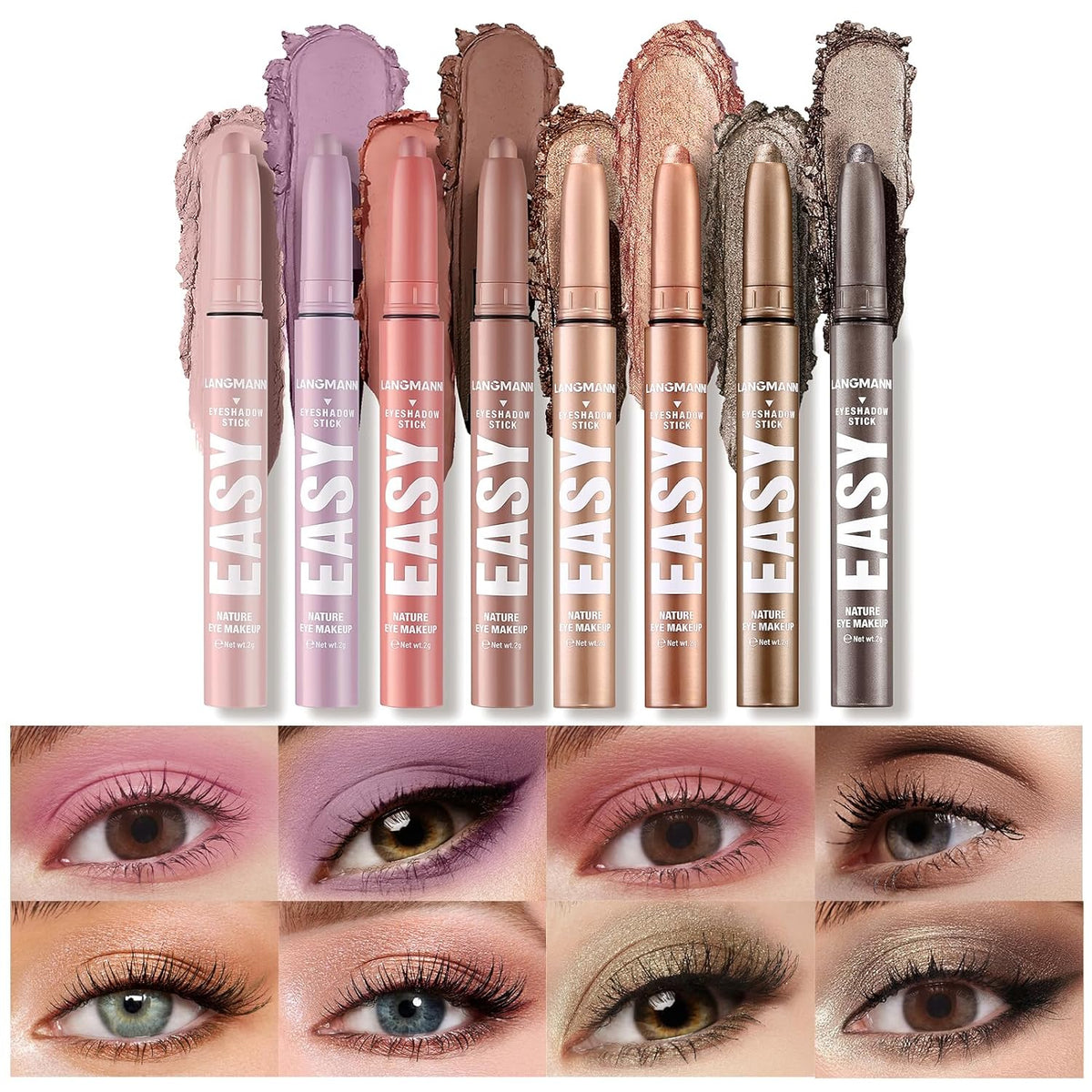LANGMANNI Eyeshadow Stick,8 PCS Waterproof Multi-Color Eyeshadow Pen Set,Creamy Long-Lasting Eye
