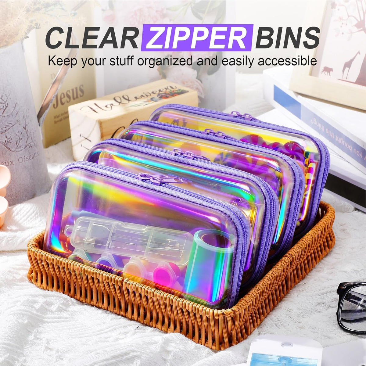 Hoolerry 4 Pcs Hard Clear Zipper Case Makeup Bags Plastic Pencil Pouch Transparent Storage Box