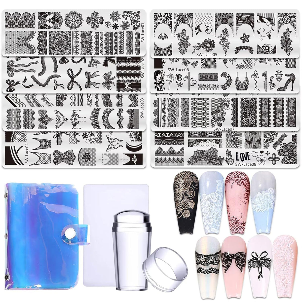 Lace Nail Stamping Plate Set - French Tip Stamp Silicone Nail Stamper Kit Bow Lace Design with Nail