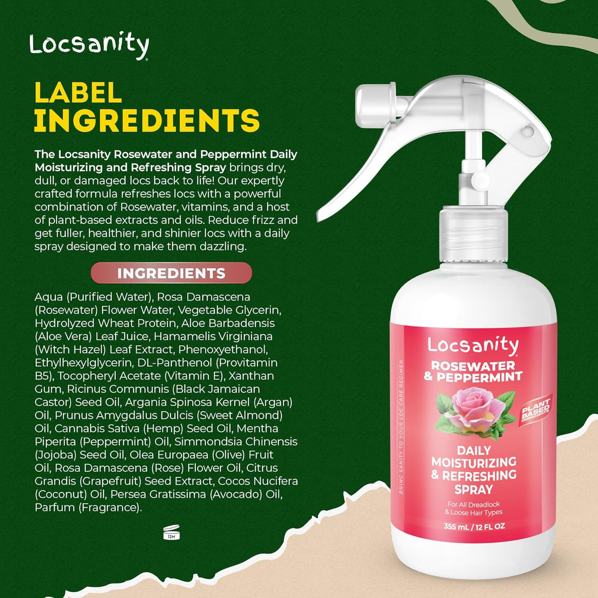 Locsanity Daily Moisturizing Refreshing Spray for Locs, Dreadlocks - Rose Water and Peppermint Hair