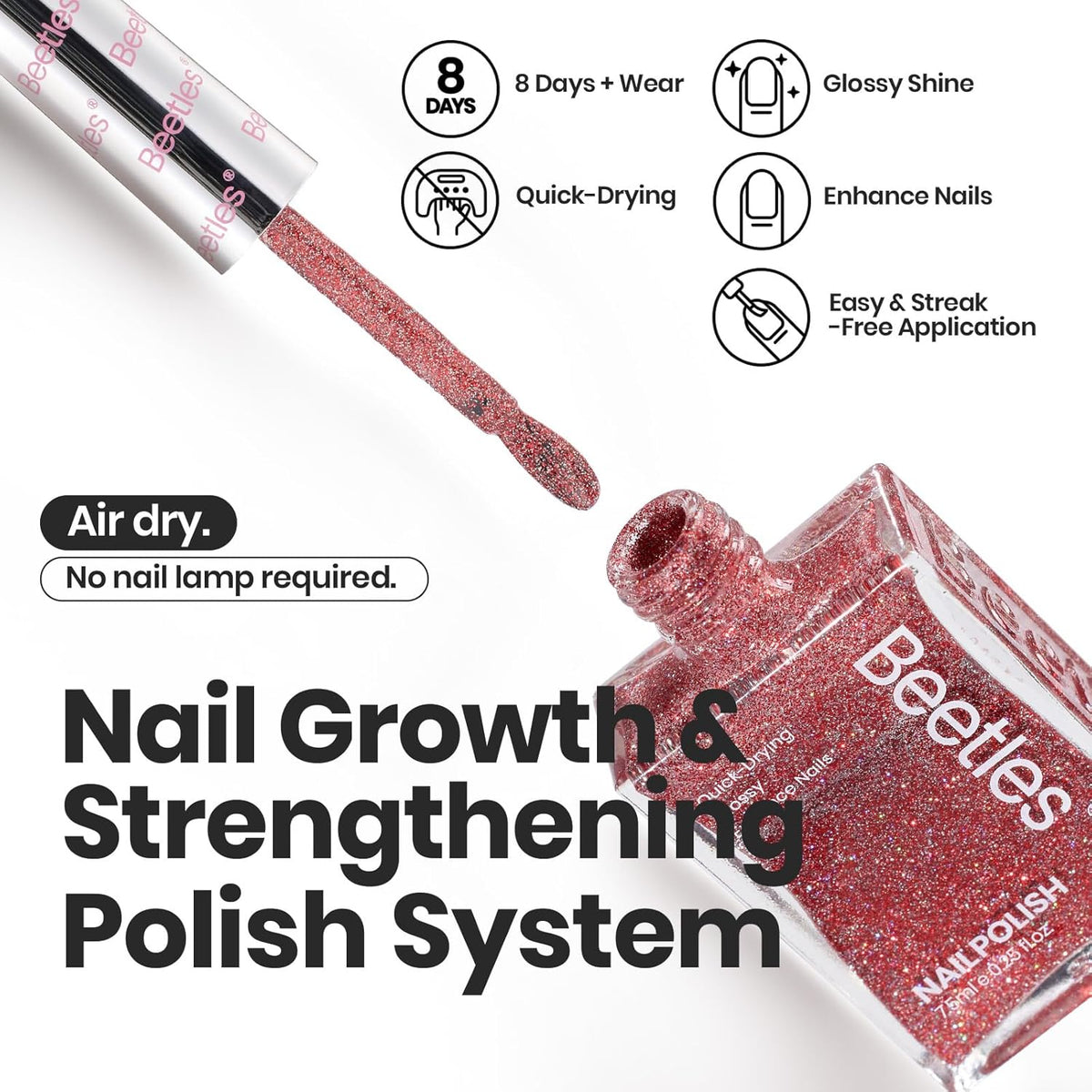 Beetles Glitter Nail Polish Set, 6 Color Silver Pink Gold Red Brown Black Quick Air Dry Nail Polish