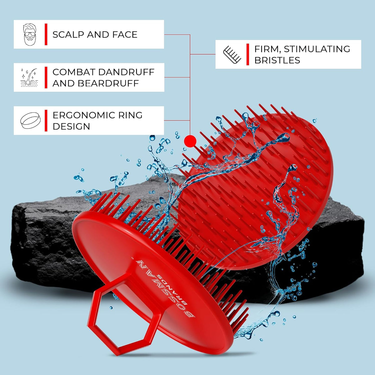 Bossman Scalp Massager & Shampoo Brush (3-inch, Red) – Head Scrubber, Beard Exfoliator & Dandruff