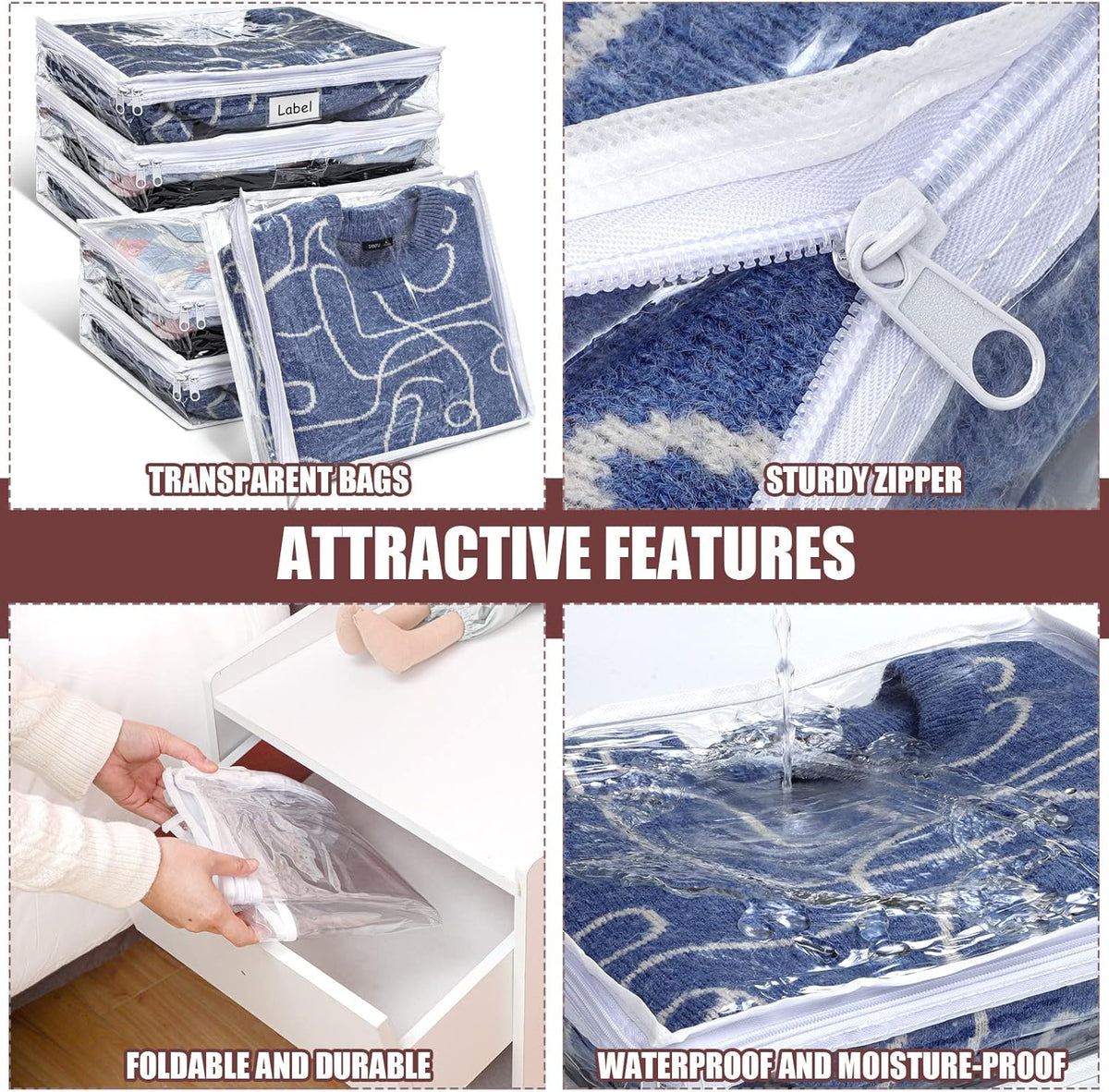 Hoolerry 6 Pieces Sweater Storage Bags Plastic Clear PVC Clothes Storage Bags with Zipper and Label