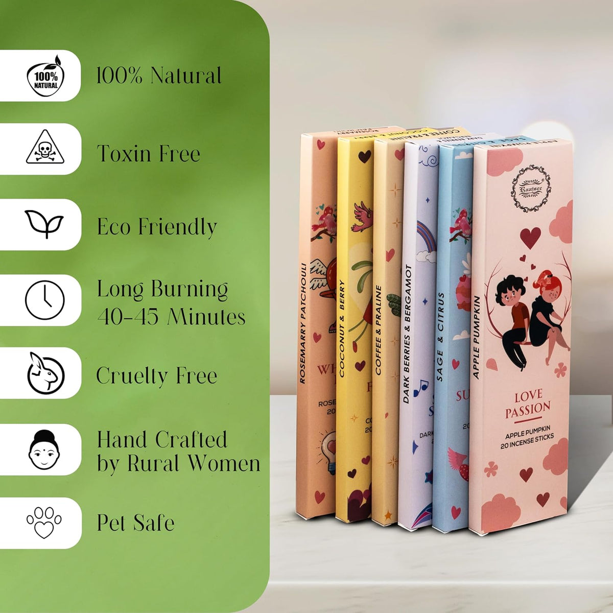 Raajsee Natural Incense Sticks with Insence Holder- Pack of 6 Organic Inscent -120 Insense Sticks