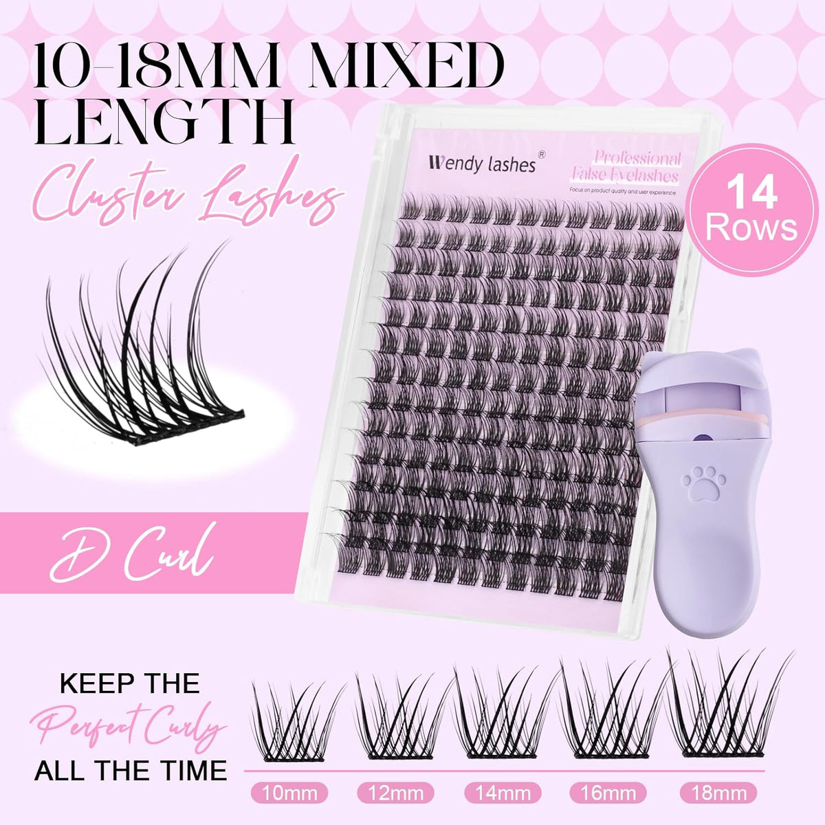 WENDY Lashes Clusters Kit DIY Eyelash Extension with Eyelash Curler Black Cluster Eyelash