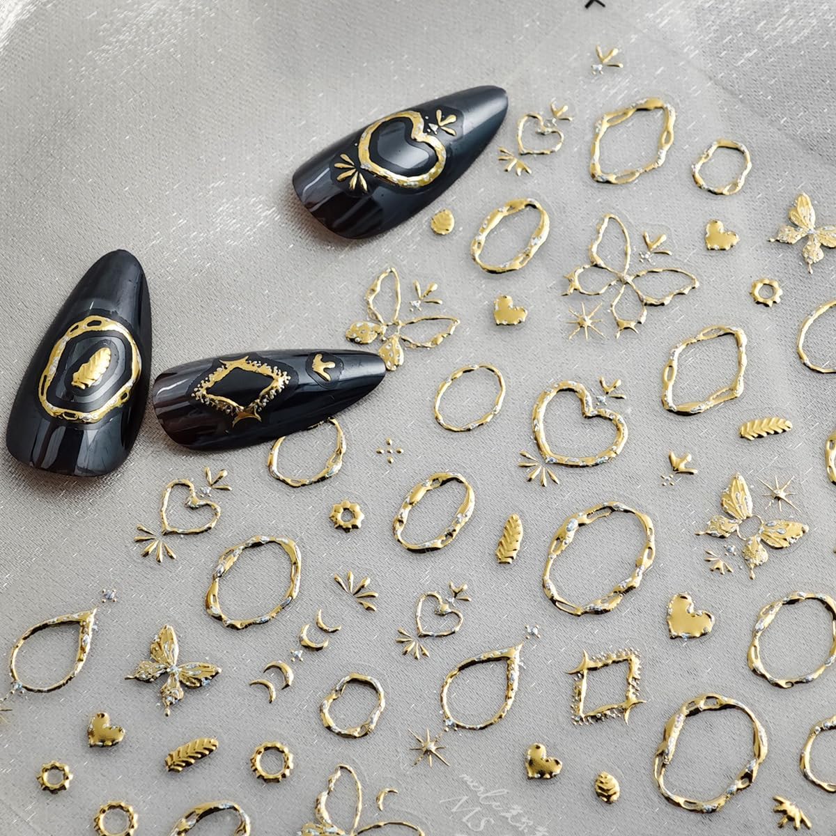Gold Nail Art Stickers Butterfly Heart Nail Decals with Golden Design 5D Embossed Self Adhesive