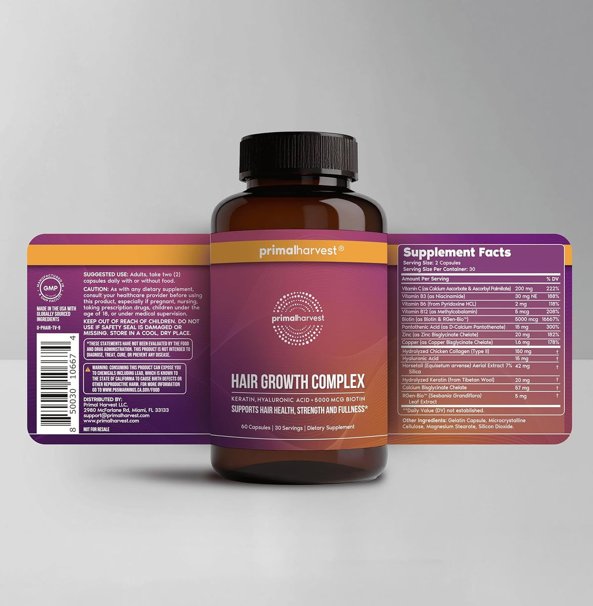 Primal Harvest Hair Growth Vitamins, Hair Growth for Women & Men - 60 Hair Growth Pills, Natural