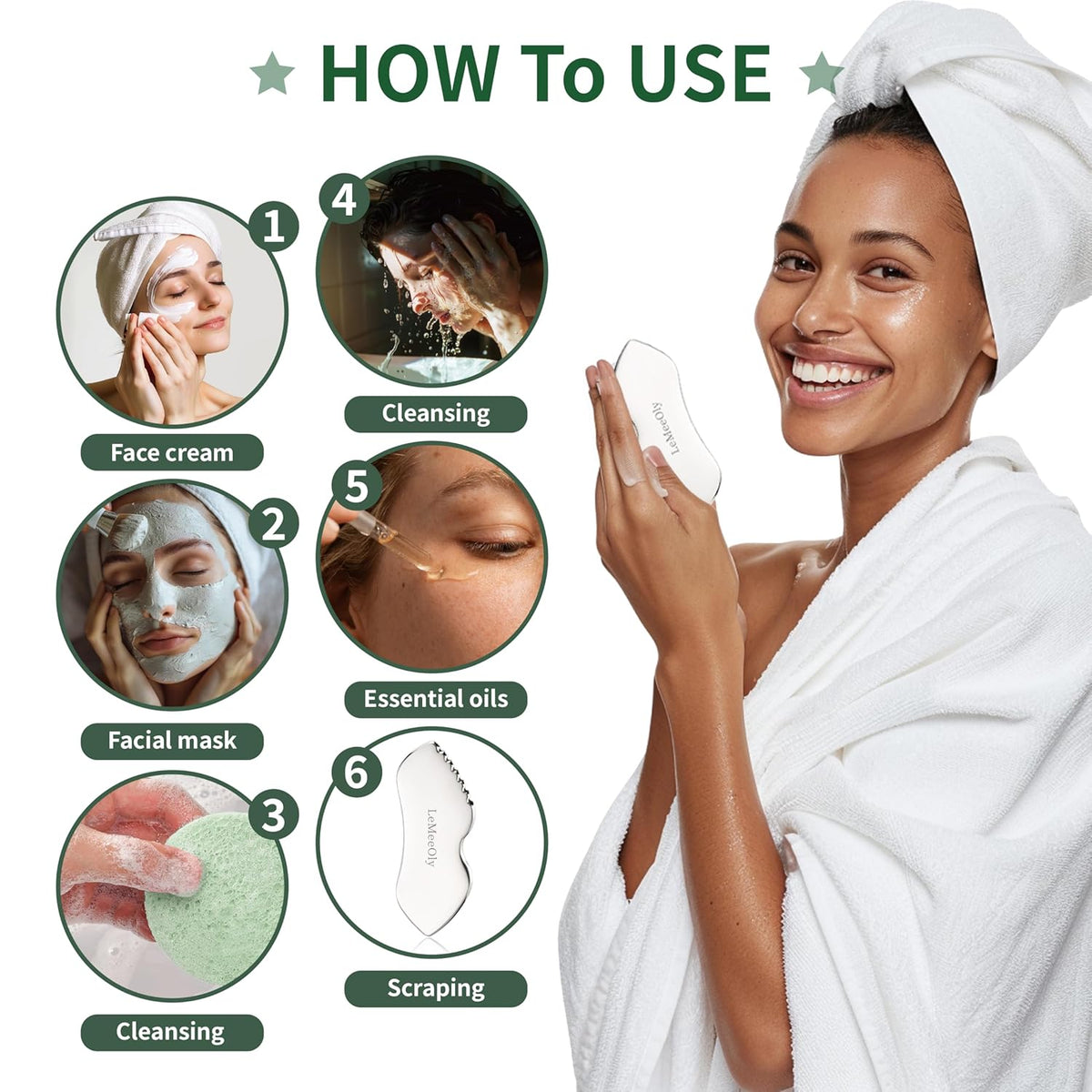 Gua Sha Facial Tools Stainless Steel & Compressed Facial Sponges, Detail Metal GuaSha and Natural