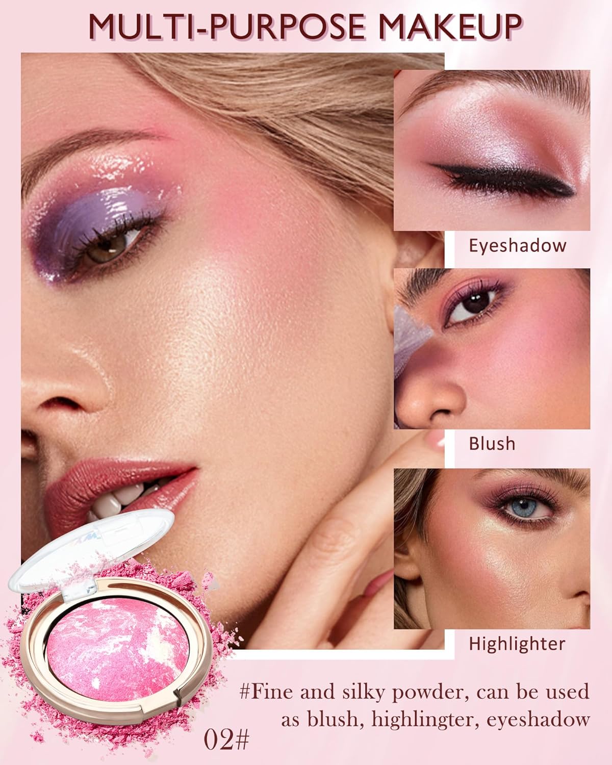 Baked Powder Blush, Glow Marbleized Blush Powder Palette,Lightweight Shimmery Facail Blusher for