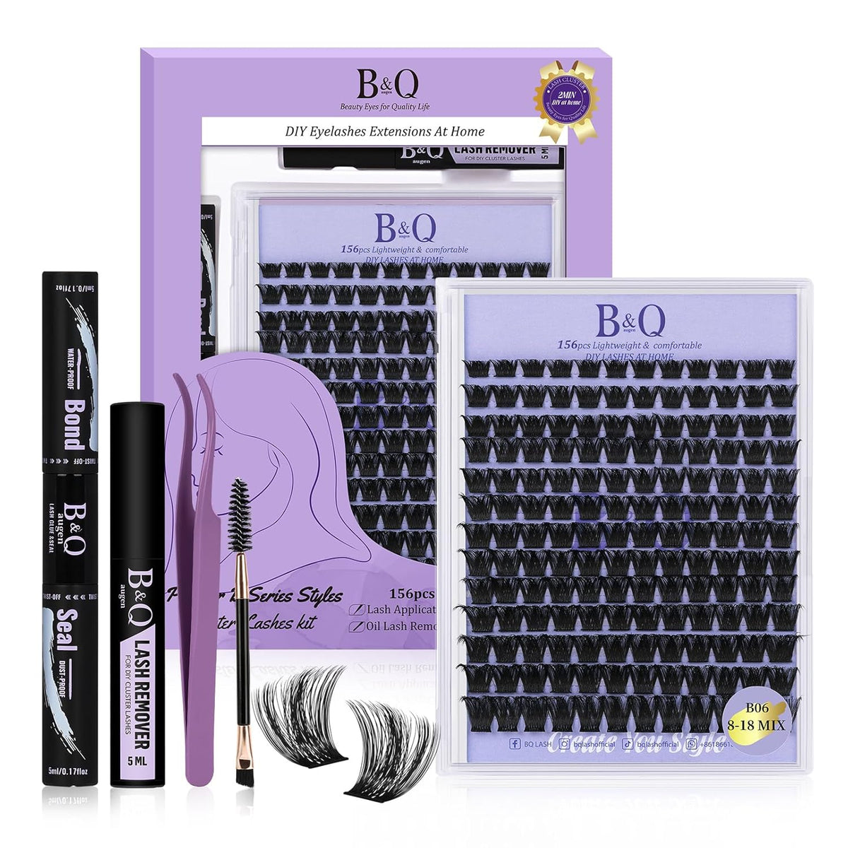 Lash Extension Kit B06 Eyelash Extension Kit B&Qaugen DIY Lash Extension Kit 156 PCS Lash Clusters