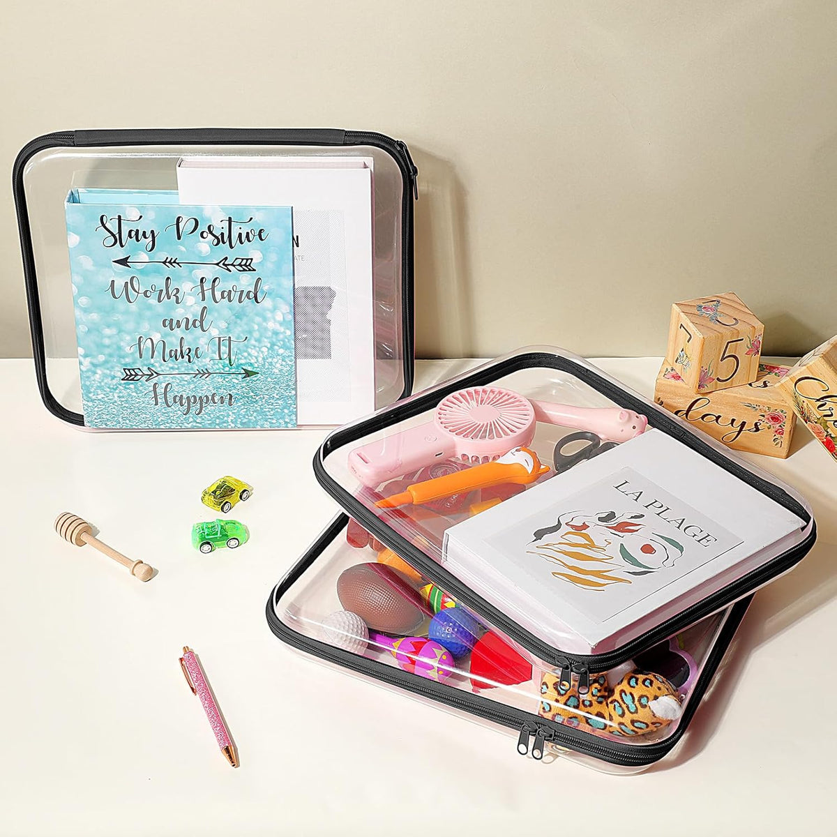 Hoolerry 3 Pcs Clear Hard Zipper Case Plastic Pouch Transparent Hard Case Clear Makeup Bag Portable