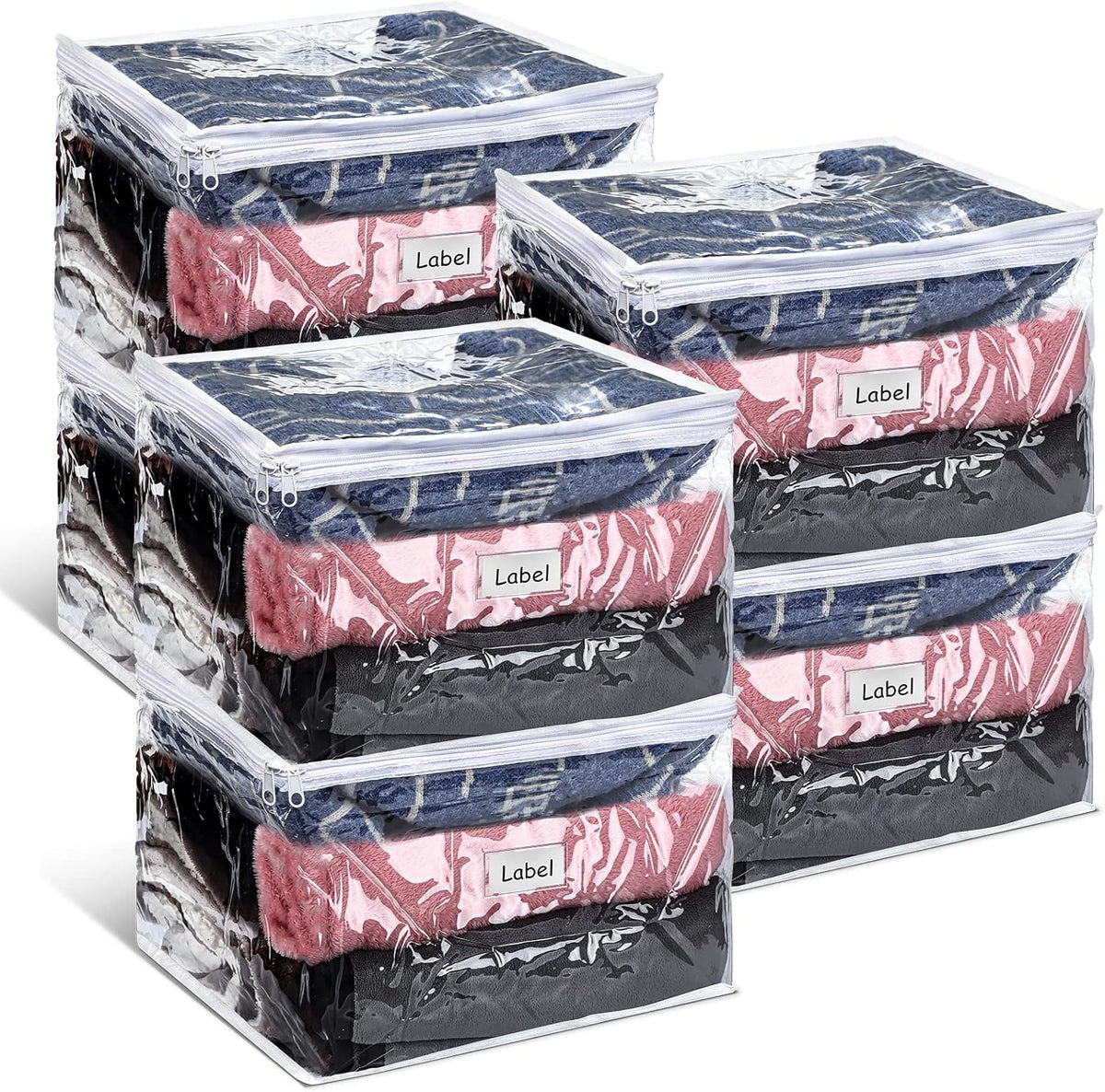 Hoolerry 6 Pieces Sweater Storage Bags Plastic Clear PVC Clothes Storage Bags with Zipper and Label