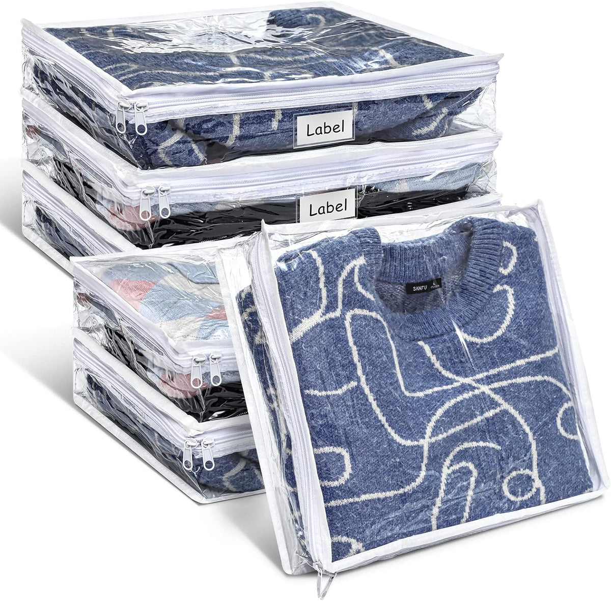 Hoolerry 6 Pieces Sweater Storage Bags Plastic Clear PVC Clothes Storage Bags with Zipper and Label