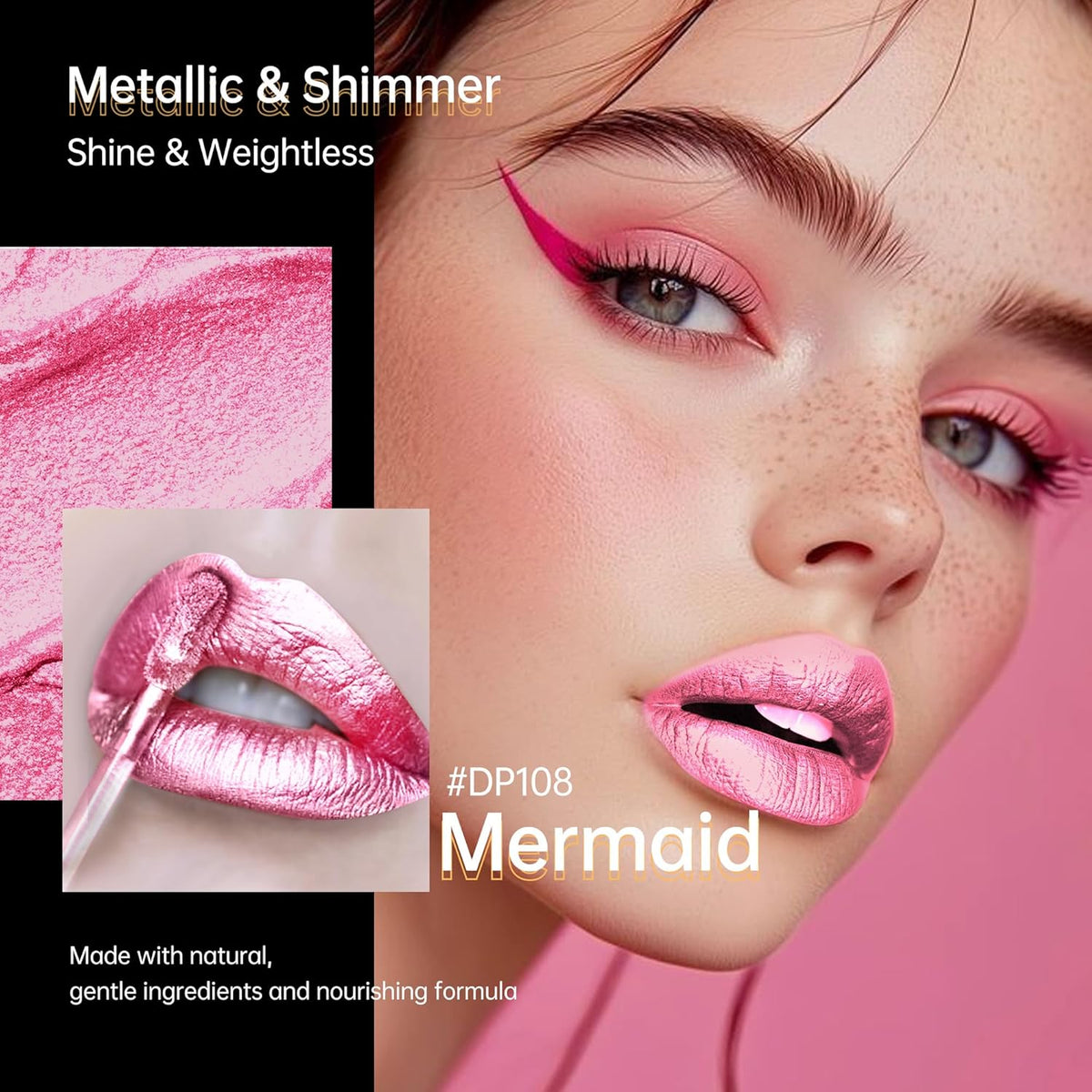 Pink Lipsticks for Women Metallic Lipstick Long Lasting Non Stick Cup Lip Gloss, Shimmer