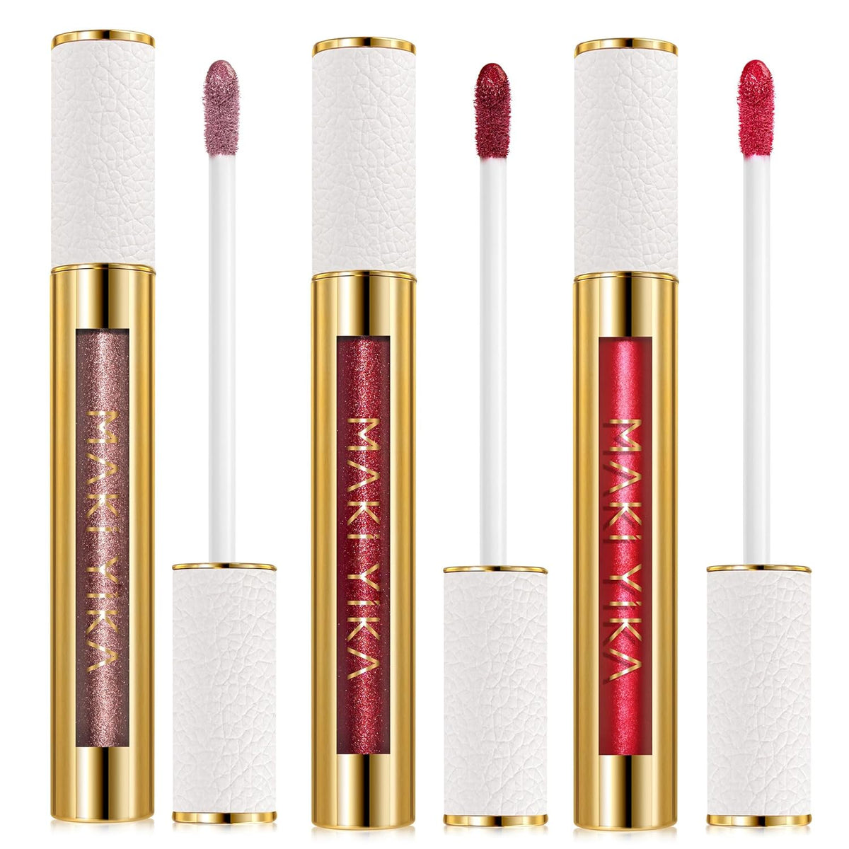 MAKI YIKA 3Pc Metallic Lipstick Long Lasting Nude Pink Red Glitter Lipsticks High Shine Lipstick No