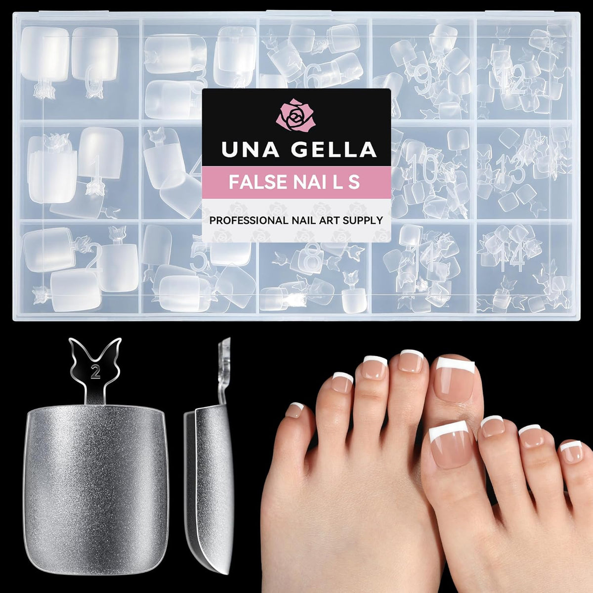 UNA GELLA Square Toe Nail Tips 216Pcs 15Sizes Full Cover Long Wider Toe Nail Tips Soft Gel