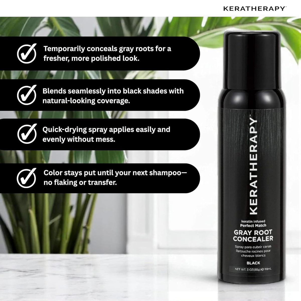 Keratherapy Keratin Infused Perfect Match Gray Root Concealer Spray, Black, 3 oz, 118 ml - Root