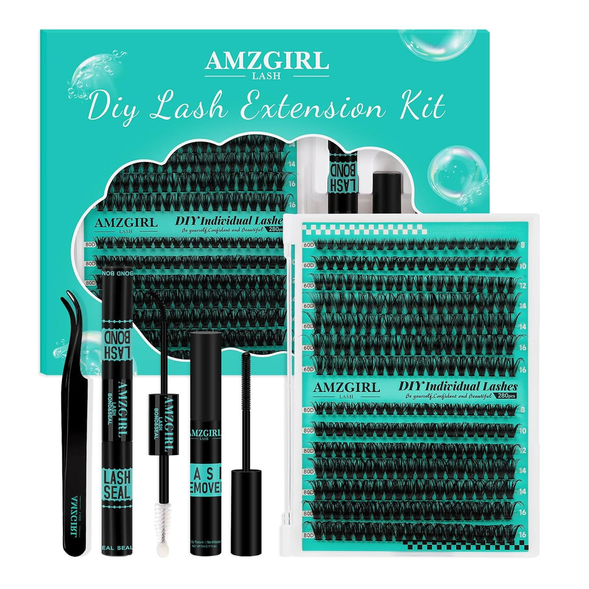 Lash Extension Kit 280Pcs,60D 80D Individual Lashes Clusters Kit,Lash Bond And Seal,Lash Remover